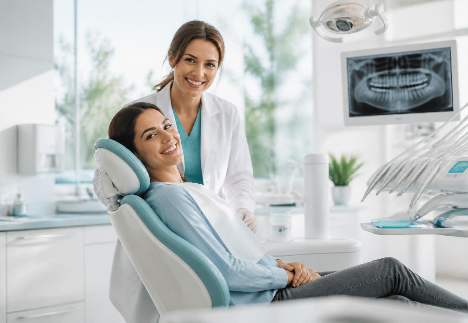Clínica dental moderna y de lujo con odontóloga y paciente sonriendo